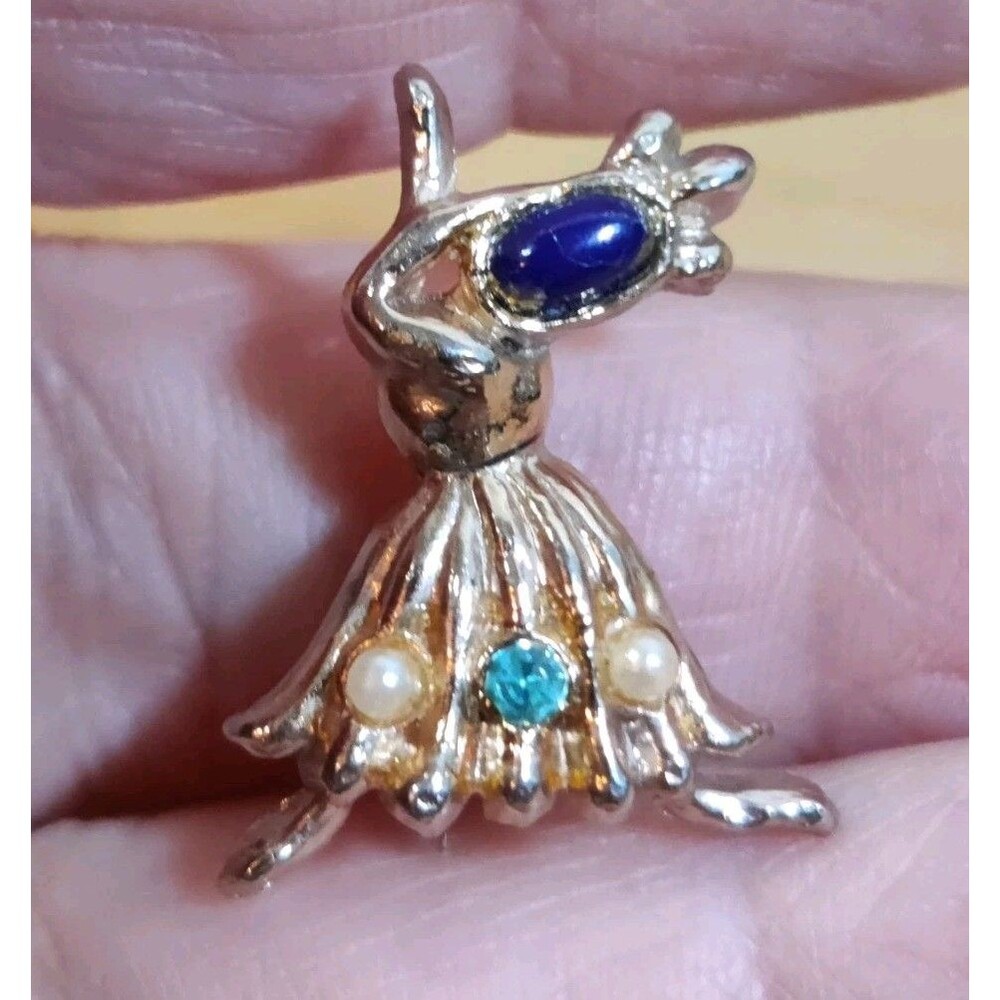 Vintage Flamenco Dancer Brooch Gold Tone Pearl Gems Crown Dancing Woman ~ 1/2"